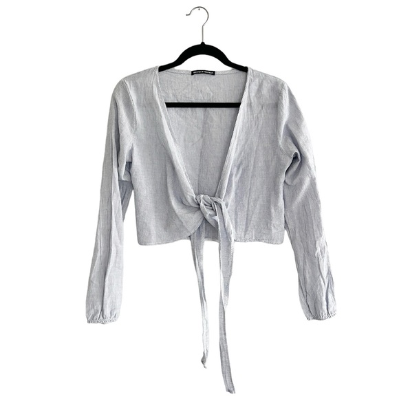 Brandy Melville white and blue striped tie front long sleeve top one size - Picture 1 of 4